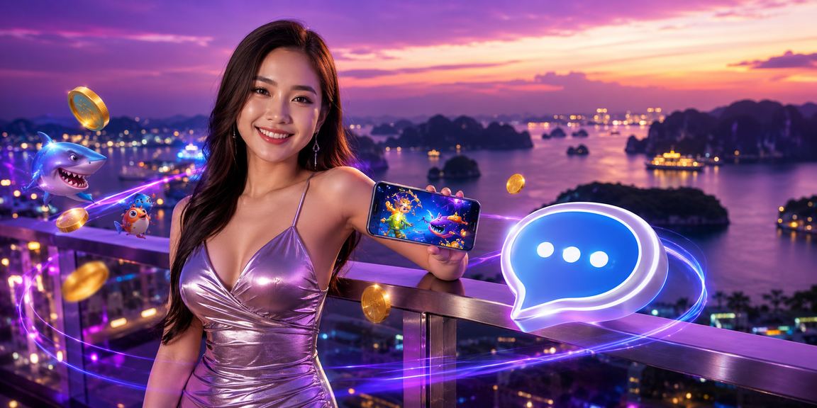 Người chơi game bắn cá tại vịnh Hạ Long với ánh đèn neon về đêm