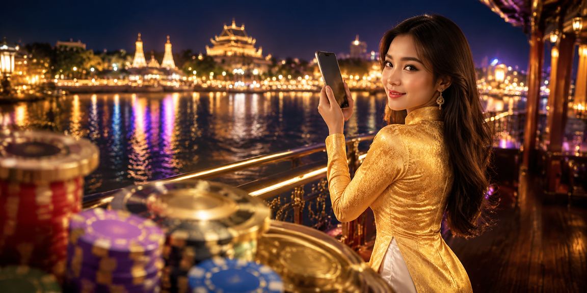 Người chơi casino trực tuyến tại Huế trong trang phục áo dài thao tác trên điện thoại
